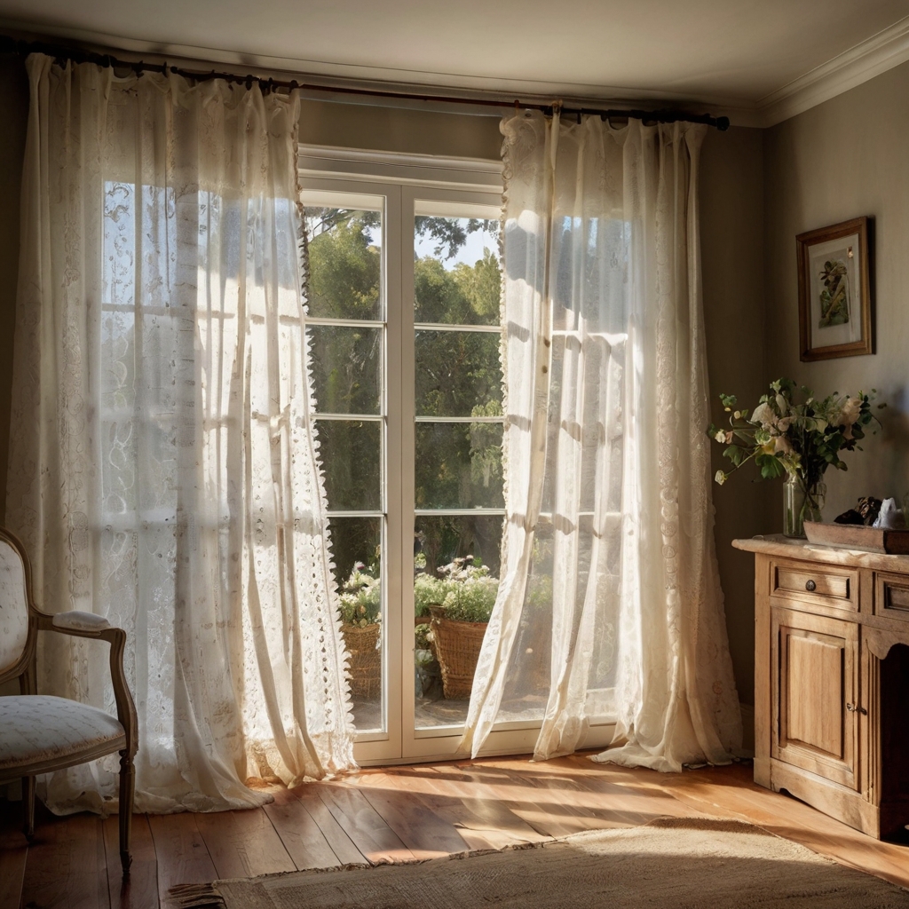 Delicate white eyelet lace curtains billow in the breeze, casting intricate light patterns. Their vintage elegance enhances a sunlit French country cottage.
