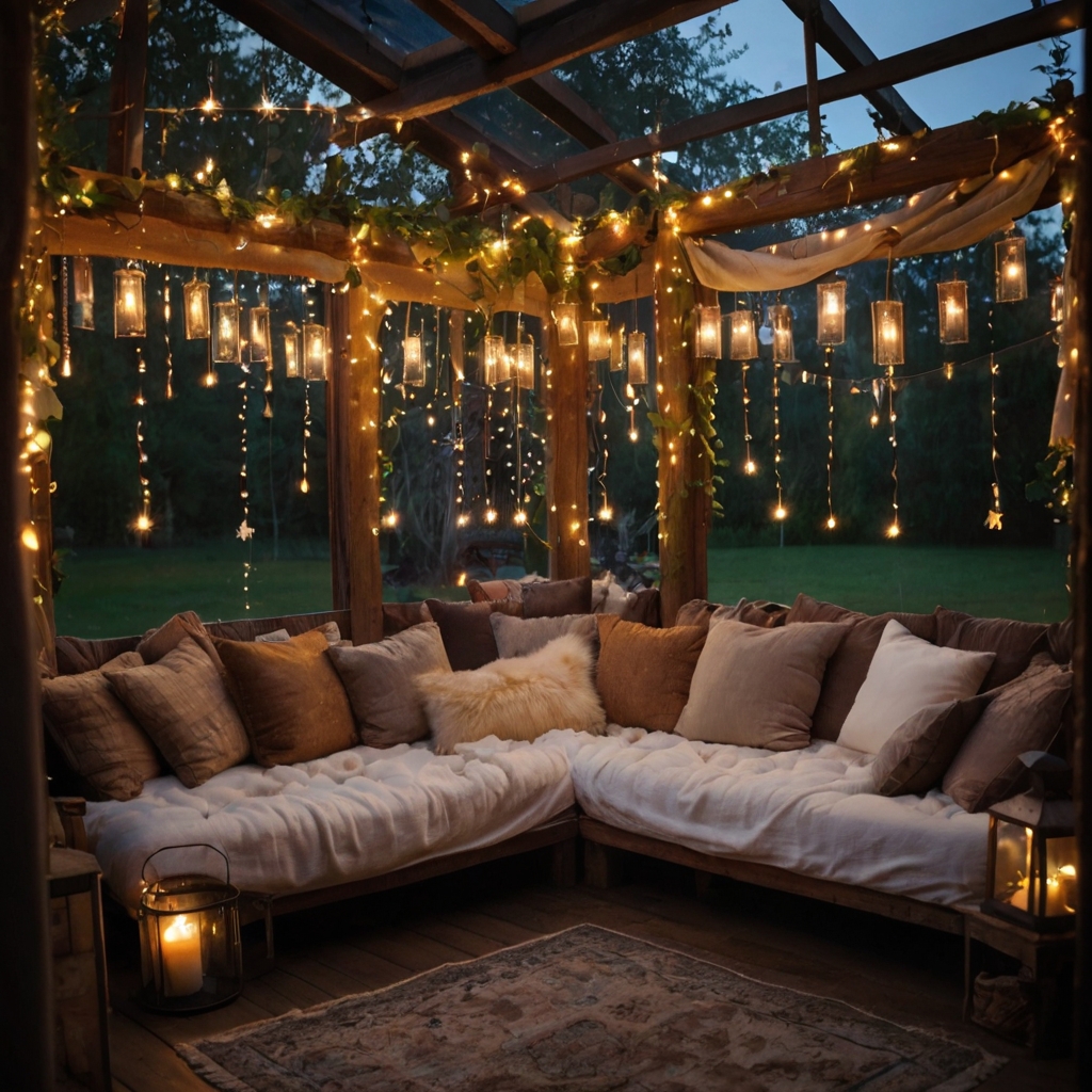 Soft fairy lights drape across a cozy space, creating a magical glow. Rustic wooden decor and plush seating add warmth to the intimate setting.