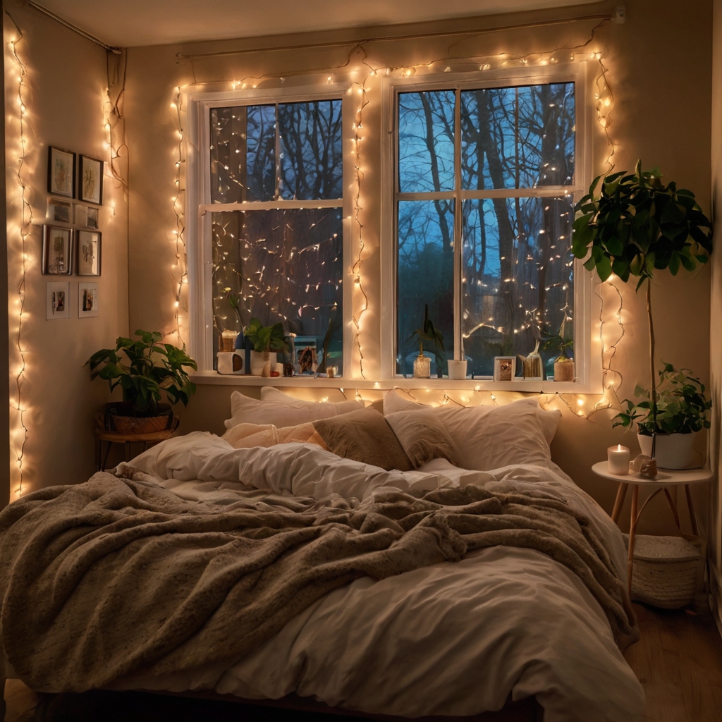 Cozy room with soft white fairy lights draped across the bed and walls, casting a warm glow. Natural light adds depth to the soft shadows created by the lights.