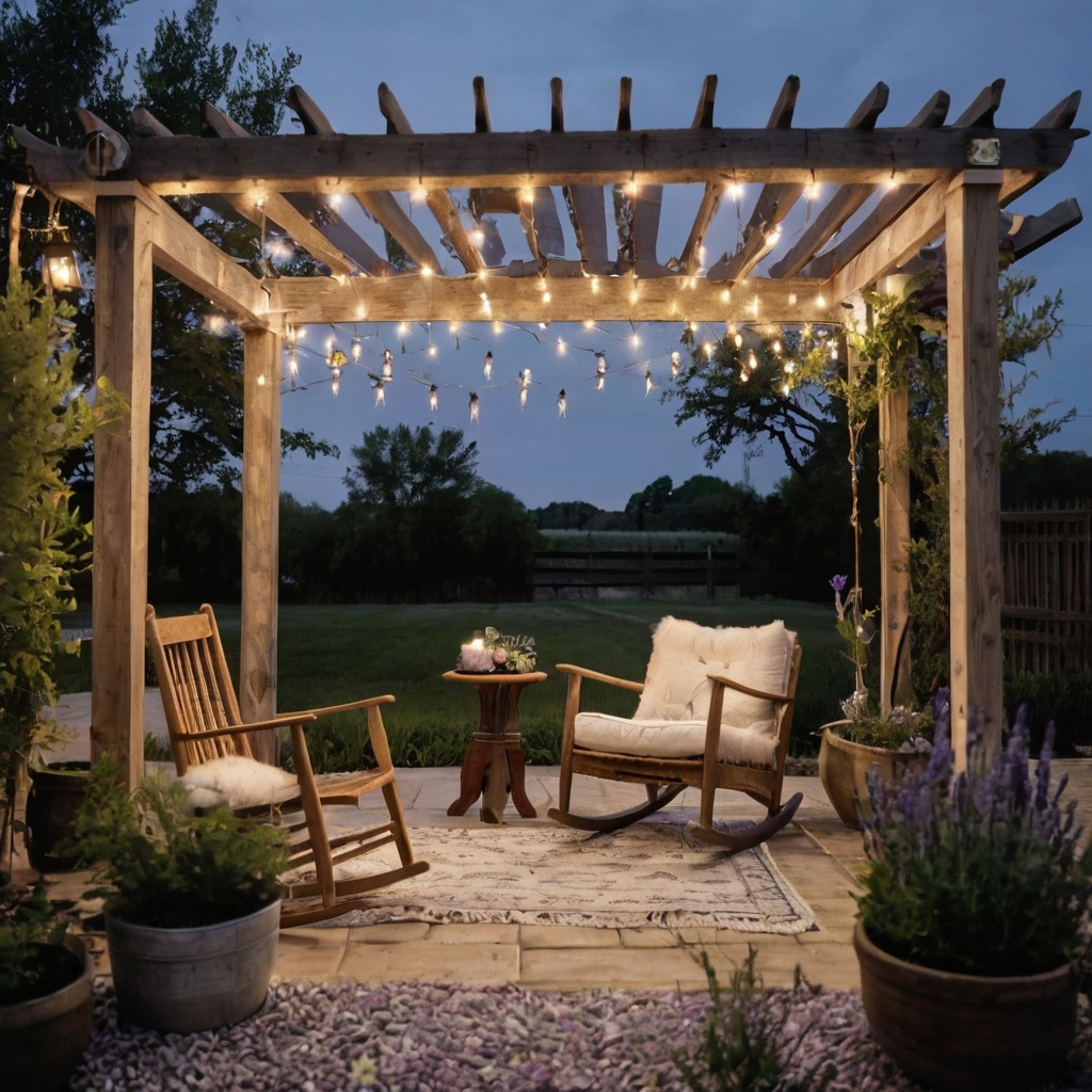 A rustic farmhouse courtyard with lavender beds, string lights, and weathered wood furniture. A vintage rocking chair adds timeless country charm.