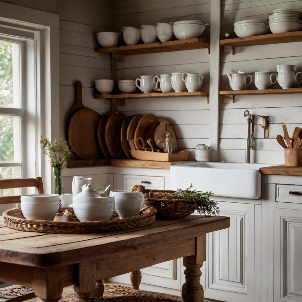 A rustic wooden countertop with ceramic jars, linen napkins, and wicker baskets. Warm lighting enhances the inviting farmhouse aesthetic.