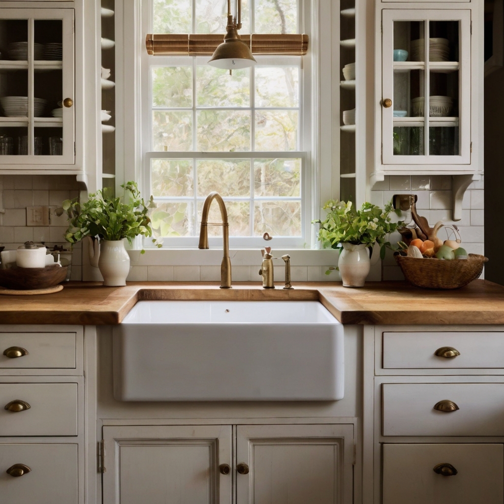 A rustic kitchen with a white apron-front farmhouse sink and vintage brass faucet. Natural light from a nearby window highlights the cozy, timeless charm.