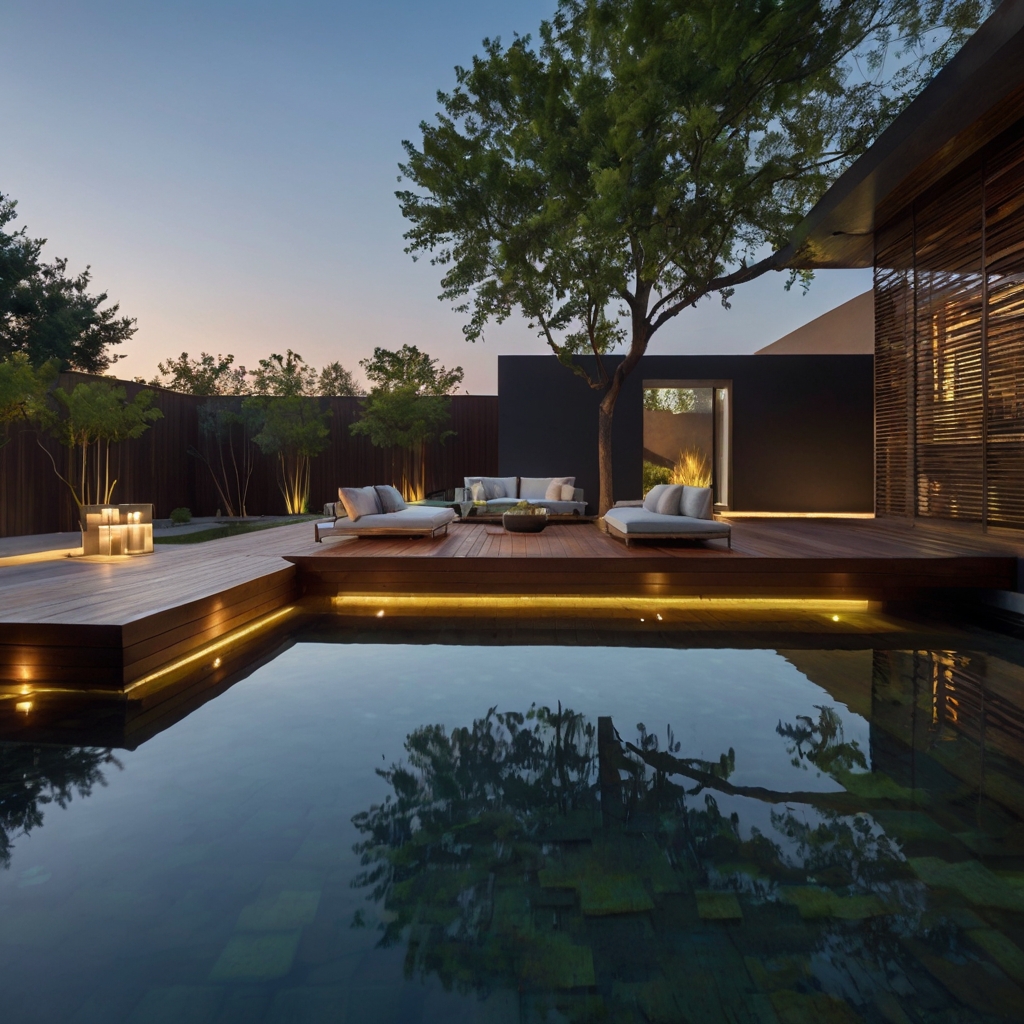 A sleek modern courtyard with a floating wooden deck above a reflective water feature. Subtle lighting enhances the serene, weightless ambiance.