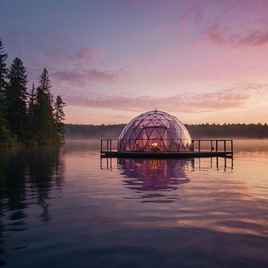 A luxury floating dome on a tranquil lake at sunset, glowing warmly inside. Mist rises from the water, adding a dreamy touch.