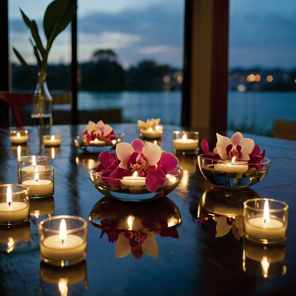 Glass bowls with floating orchids and candles, casting soft reflections for an intimate setting.