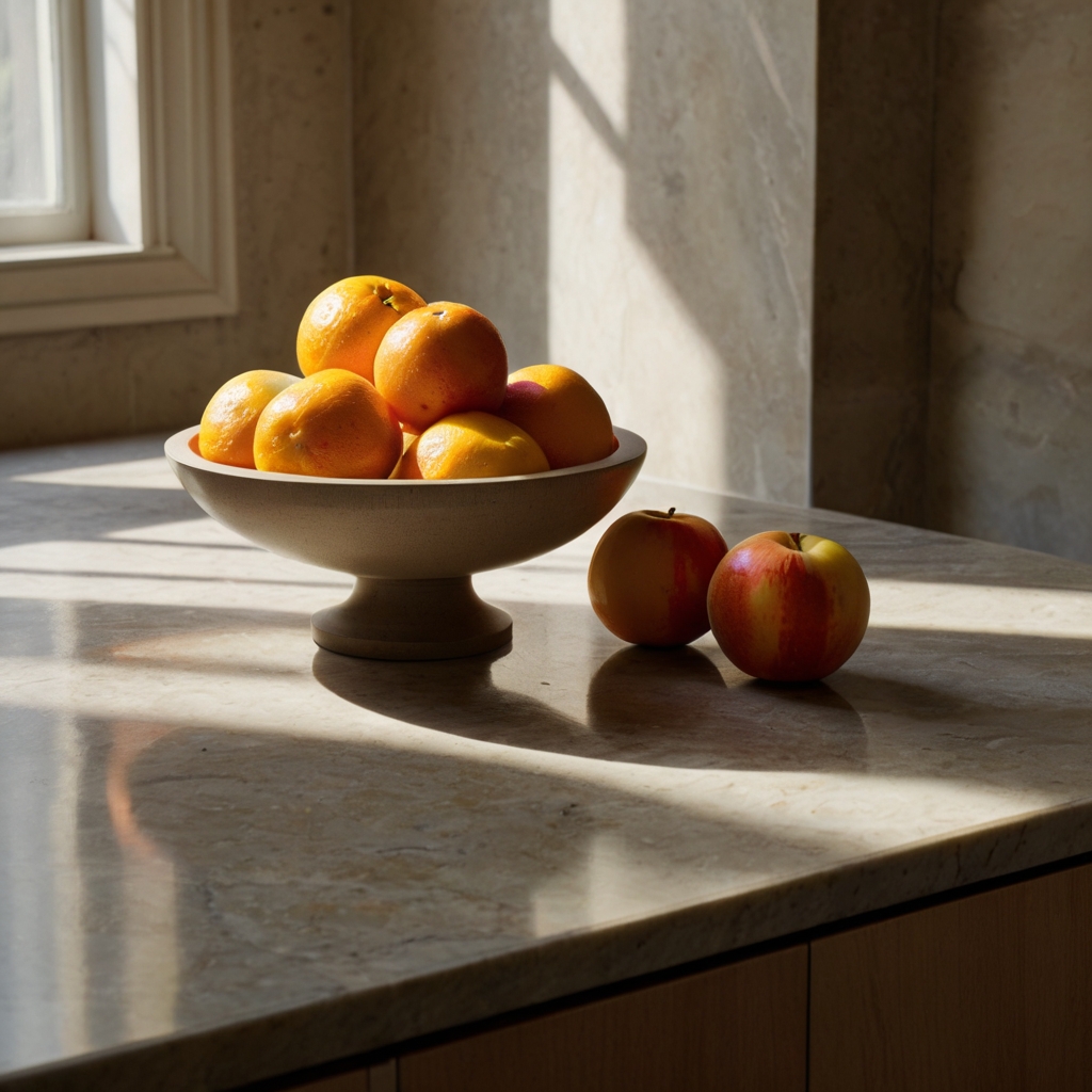 A modern kitchen featuring a sleek hanging fruit basket or elegant countertop bowl. Bright citrus colors pop against a neutral background.