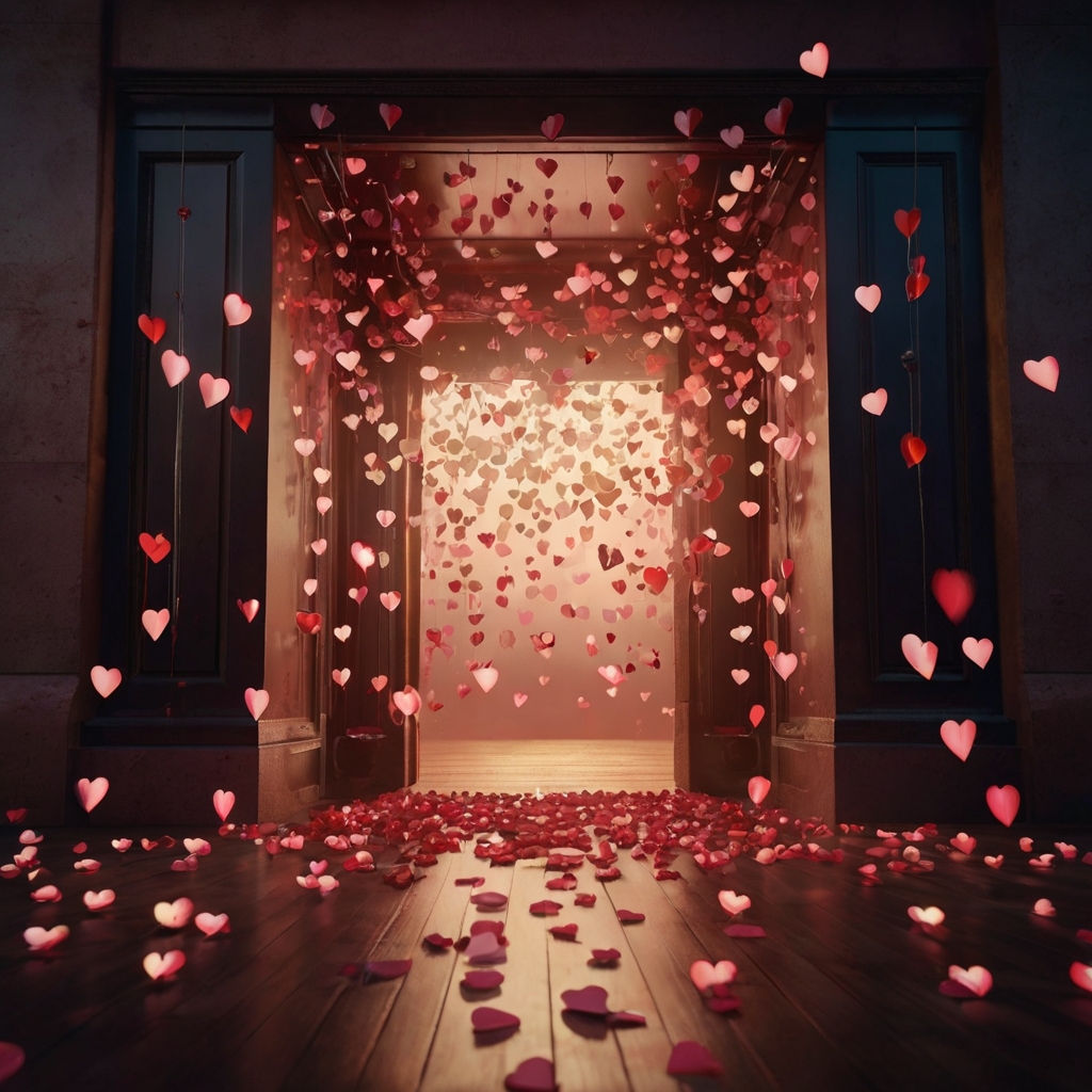 Delicate floating hearts attached to glowing strings drift mid-air, softly illuminated by dreamy ambient light for a magical Valentine’s feel.
