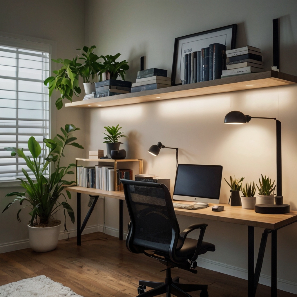 Minimalist floating shelves displaying books, plants, and office supplies. Wall-mounted storage keeps the workspace organized and stylish.