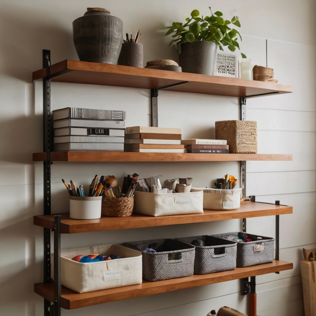 Modern floating shelves hold neatly organized tools and bins, bathed in soft light to create a sleek, functional craft space.