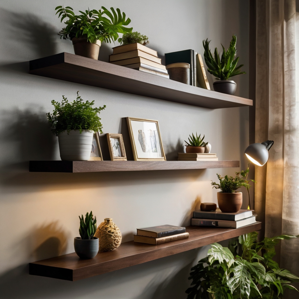 Modern floating shelves filled with books and decorative objects, softly illuminated by a nearby lamp. The varying shelf heights create visual interest.