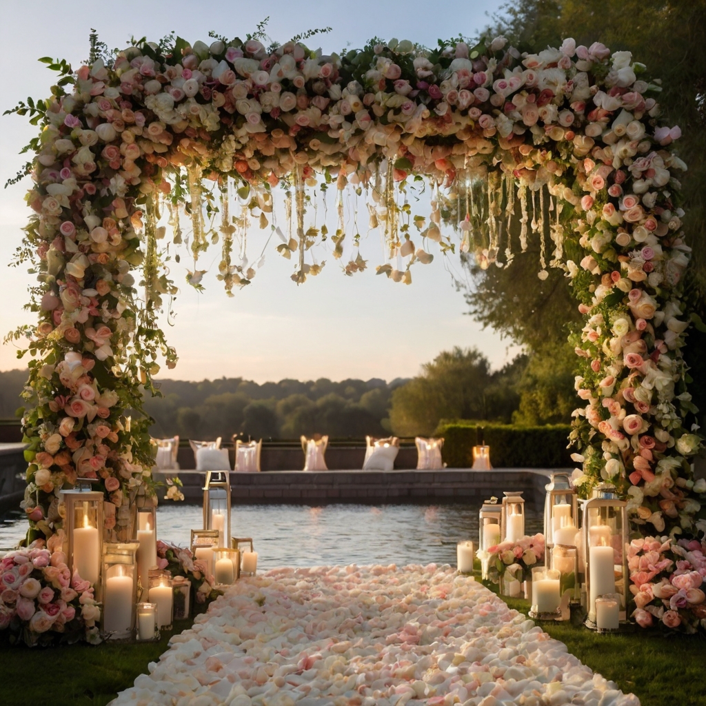 A breathtaking floral archway covered in cascading roses. Golden lanterns and sheer drapery enhance the enchanting setup.