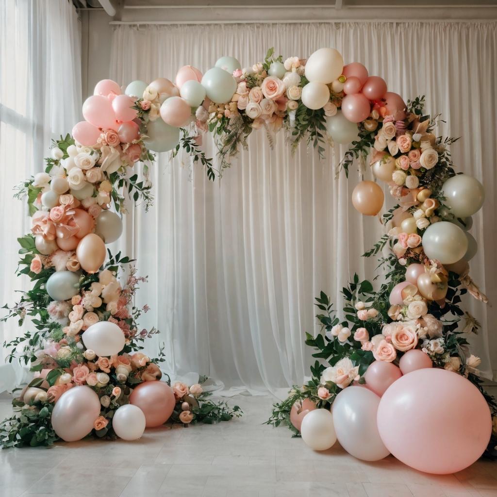 A stunning pastel balloon arch intertwined with roses and peonies, creating an elegant baby shower entryway.