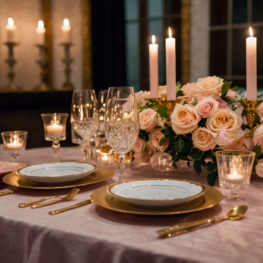 Floating candles and delicate floral arrangements set a romantic tone. Dim lighting and crystal vases enhance the intimate atmosphere.