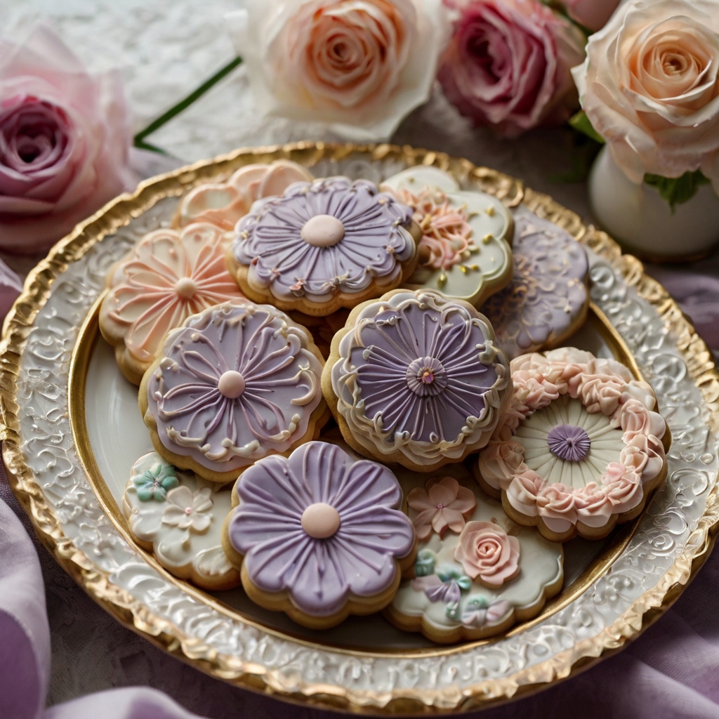 Hand-decorated floral cookies in lavender, pink, and ivory hues. Natural daylight enhances the intricate buttercream and icing details.