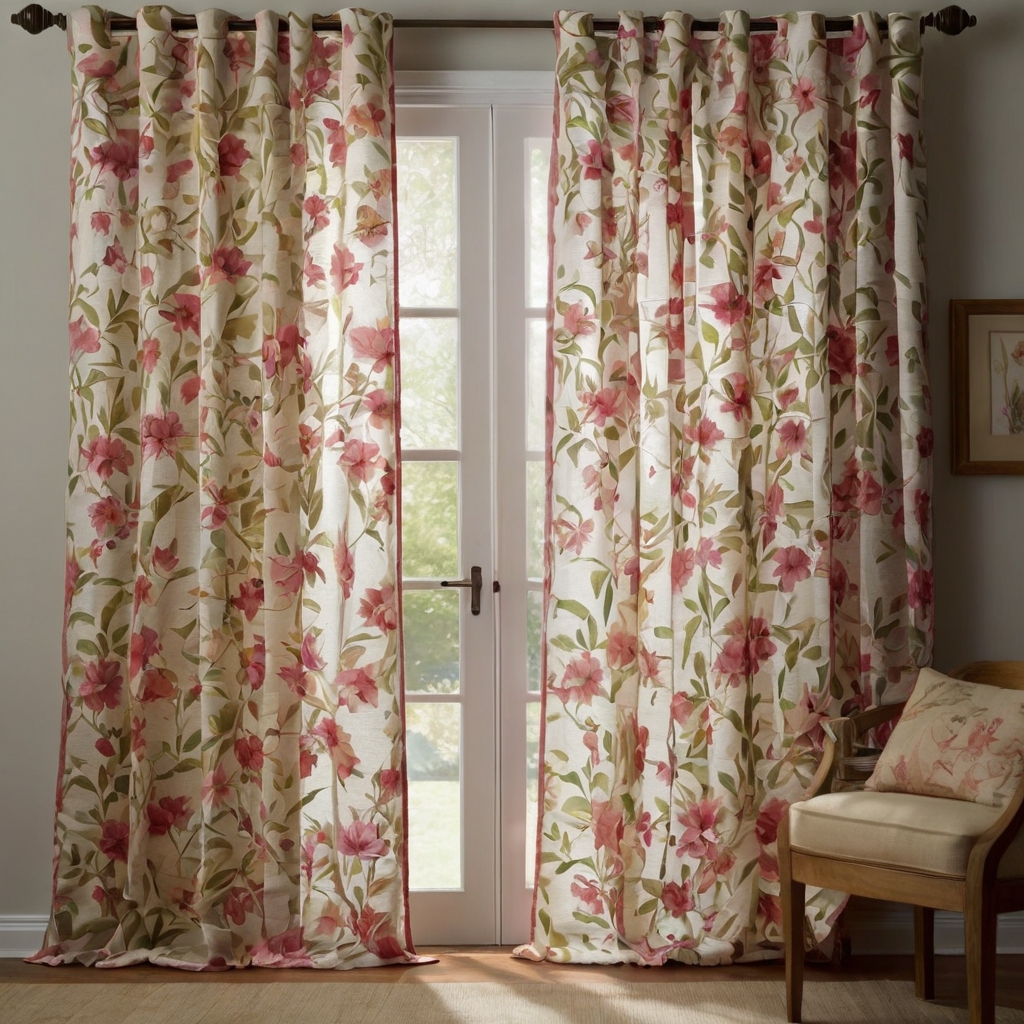 Floral curtains with delicate prints adding brightness. Soft sunlight filters through, creating a fresh and calming atmosphere in a room with floral decor.