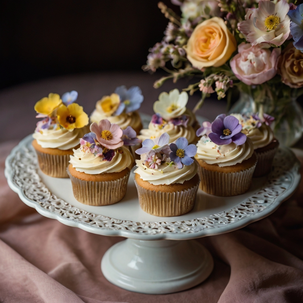 Elegant cupcakes decorated with pressed edible flowers, creating a picture-perfect dessert display.