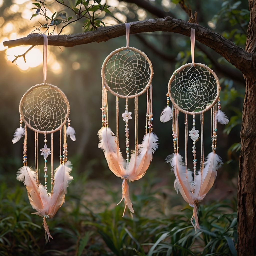 Whimsical dream catchers wrapped in vines and tiny blooms, adding a rustic, bohemian charm.