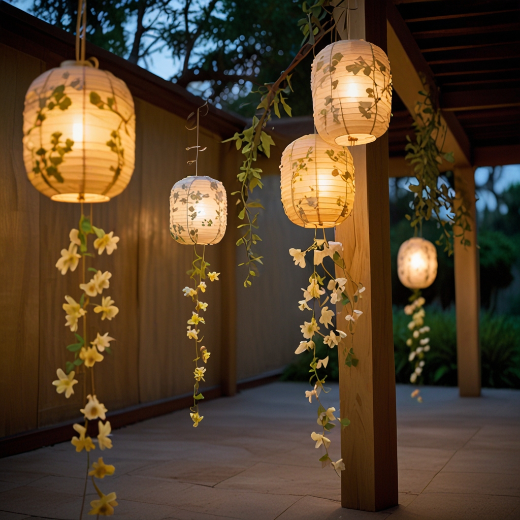 Softly glowing paper lanterns wrapped in silk flowers and vines for a dreamy floating effect.