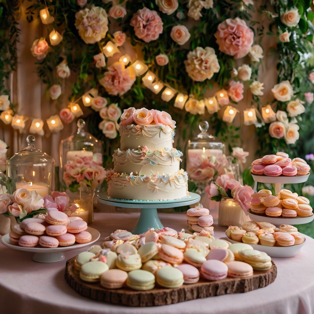 A garden-inspired dessert table with flower-shaped cookies, petal-covered cakes, and pastel macarons. Fairy lights create a warm, inviting atmosphere.