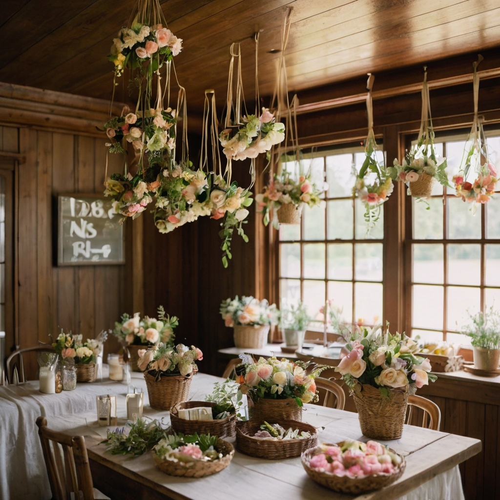 A charming DIY flower crown station with fresh blooms, ribbons, and decorative baskets for guests.