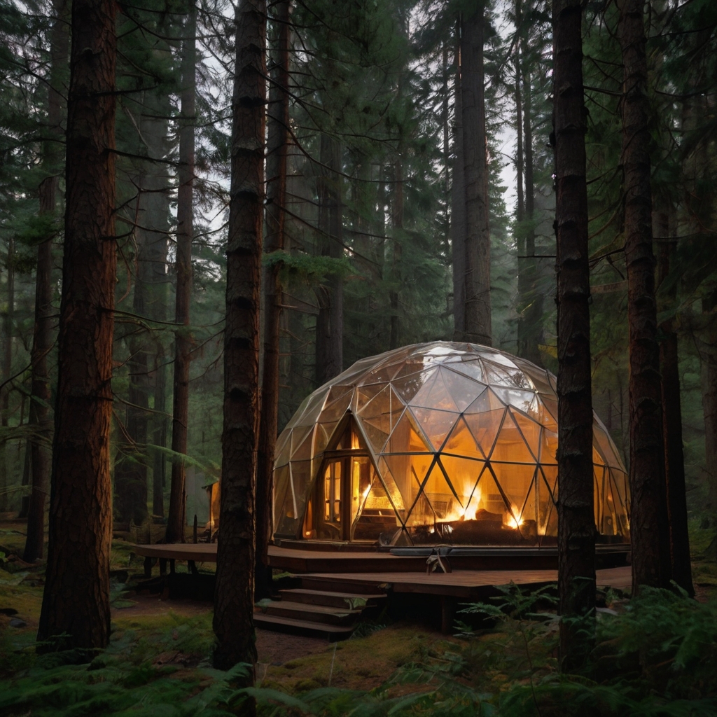 A glass dome cabin in a dense forest, surrounded by misty pine trees. Inside, a warm fireplace casts a golden glow on cozy furnishings.