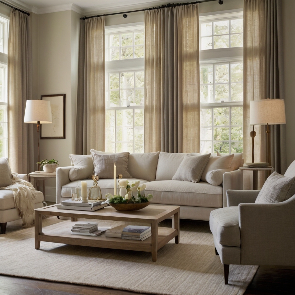 A neutral-toned living space with cream walls, gray sofas, and natural light streaming through large windows. Linen curtains and subtle textures add warmth and depth.