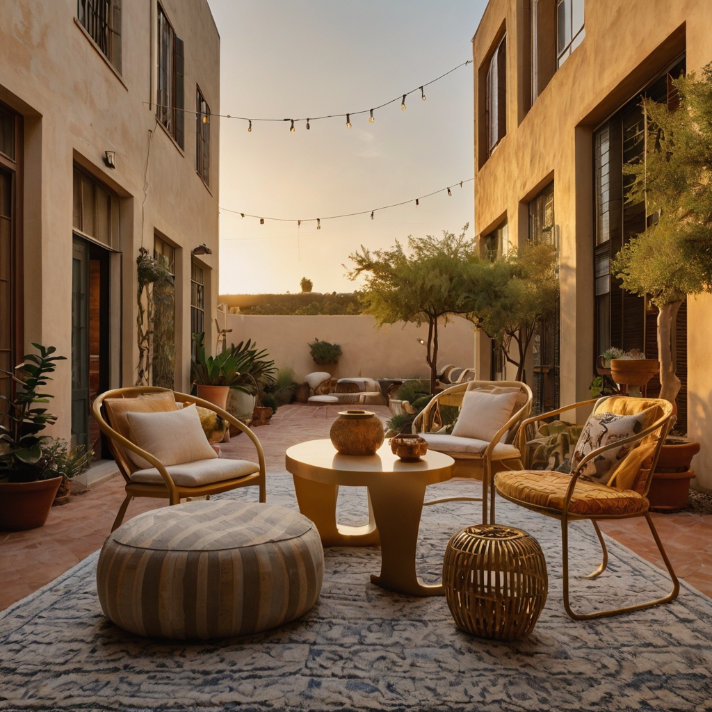 A lively courtyard blending vintage and modern decor, filled with bold patterns, mismatched furniture, and playful sculptures. A perfect artistic retreat.