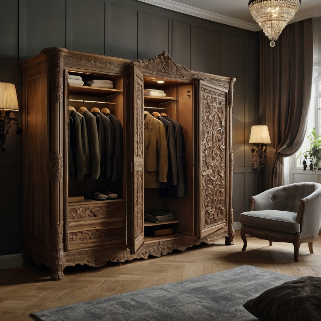 Design a vintage room with an intricately carved freestanding wardrobe. Focus lighting to enhance its details and rustic elegance.