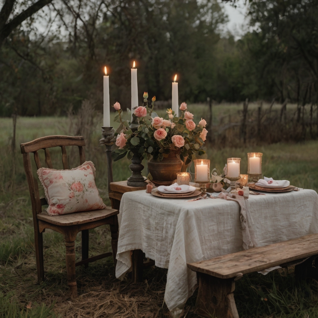 Distressed wood, lace details, and soft florals for a romantic aesthetic. A vintage-inspired setting perfect for a dreamy Galentine’s escape!