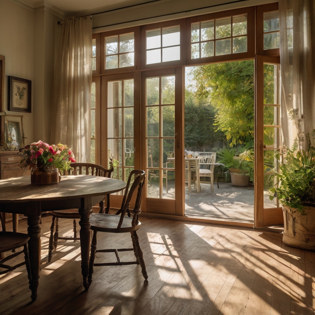 Tall French doors open onto a lush garden patio, framed by flowing white curtains. Sunlight spills inside, illuminating polished wooden floors with golden warmth.