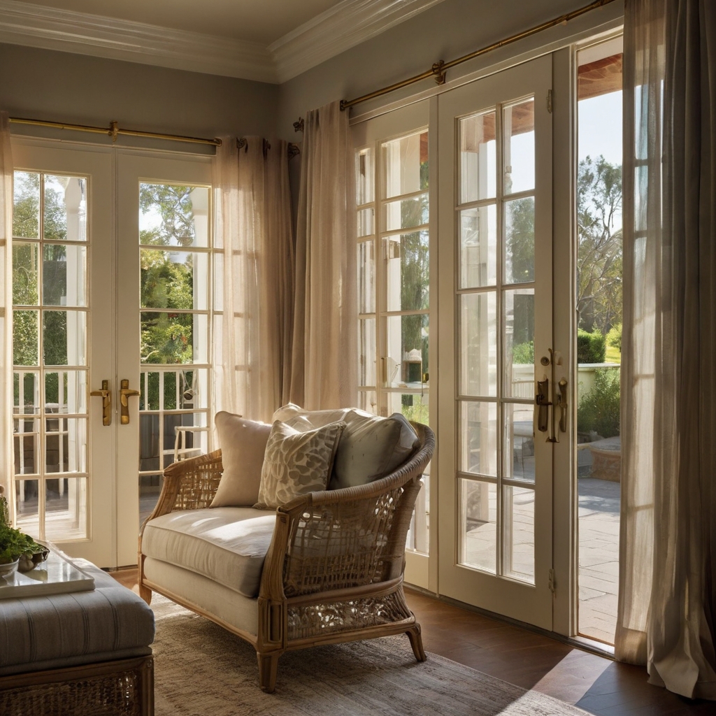 Elegant glass-paneled French doors bathed in natural light, opening to a breezy outdoor space. Neutral-toned sheer curtains frame the doors, enhancing the airy feel.