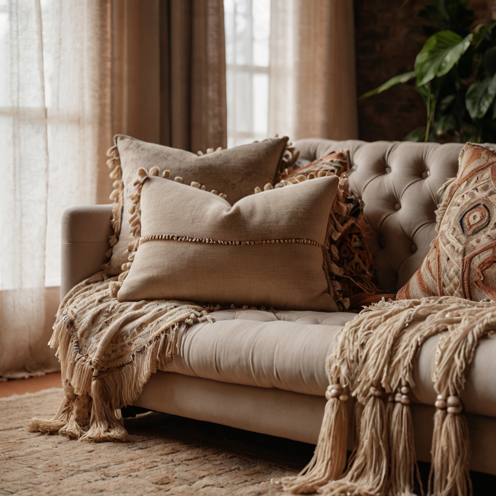 A close-up of boho textiles with delicate fringe and tassel details, softly illuminated by ambient lighting.