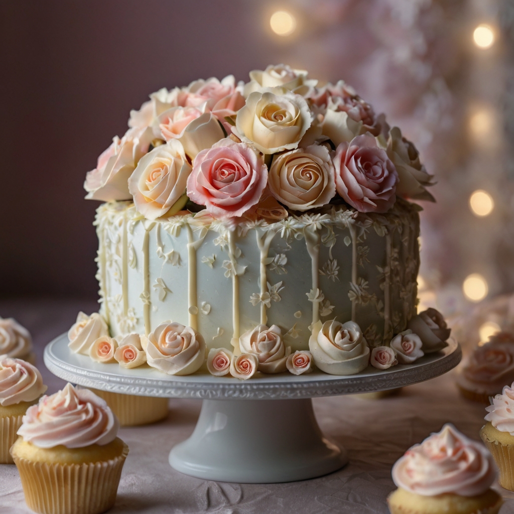 Cakes and cupcakes with detailed hand-piped flowers and creamy frosting. Diffused lighting adds a romantic and elegant touch.