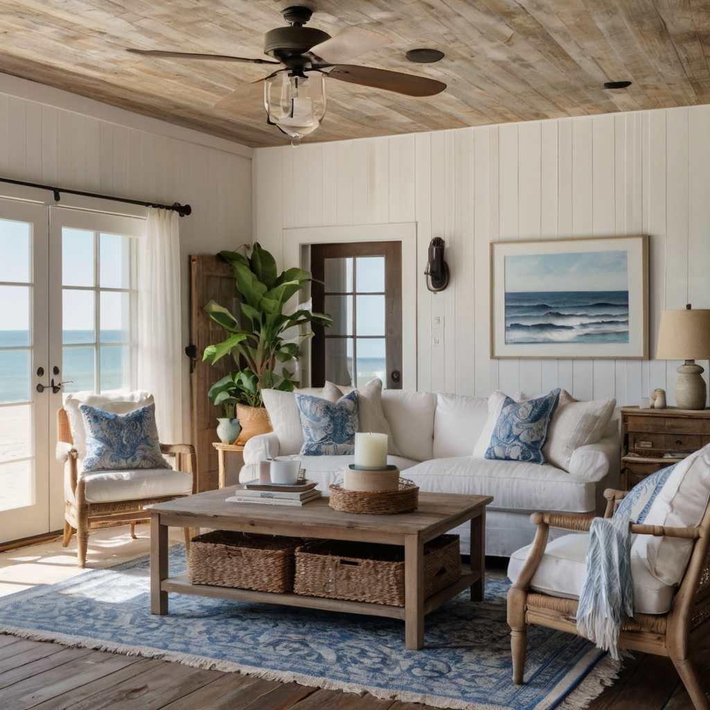 A bright, airy room with whitewashed shiplap walls and vintage-inspired decor. French doors open to an oceanfront deck, blending coastal charm with rustic elegance.