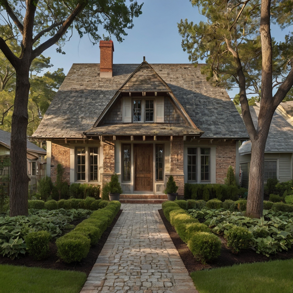 A beautiful Southern home with steep gabled rooflines and dormer windows. Rustic shingles and a winding brick pathway complete the classic architectural charm.