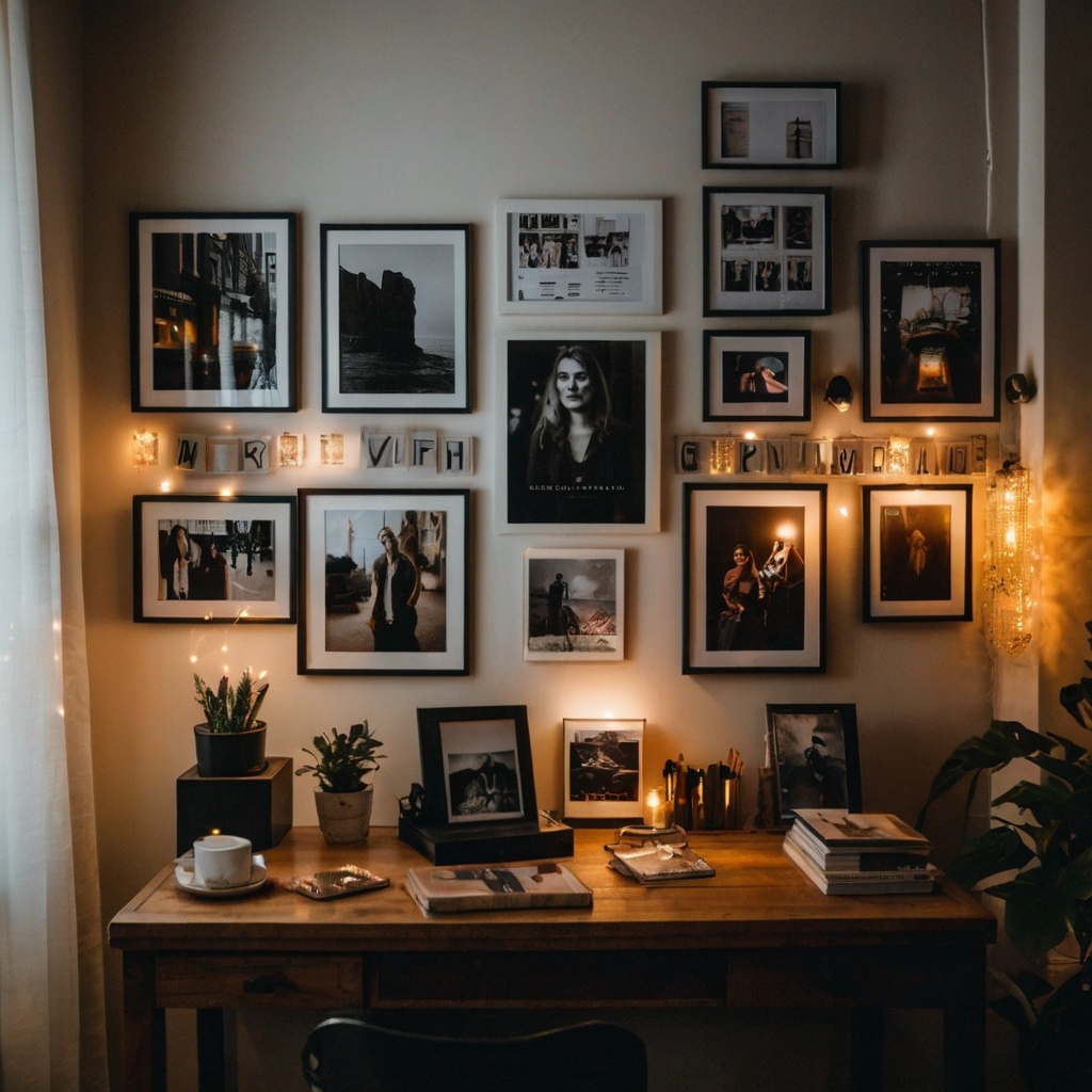 A creative cubicle featuring a personalized wall of framed quotes, polaroids, and art. A well-arranged display inspires creativity.