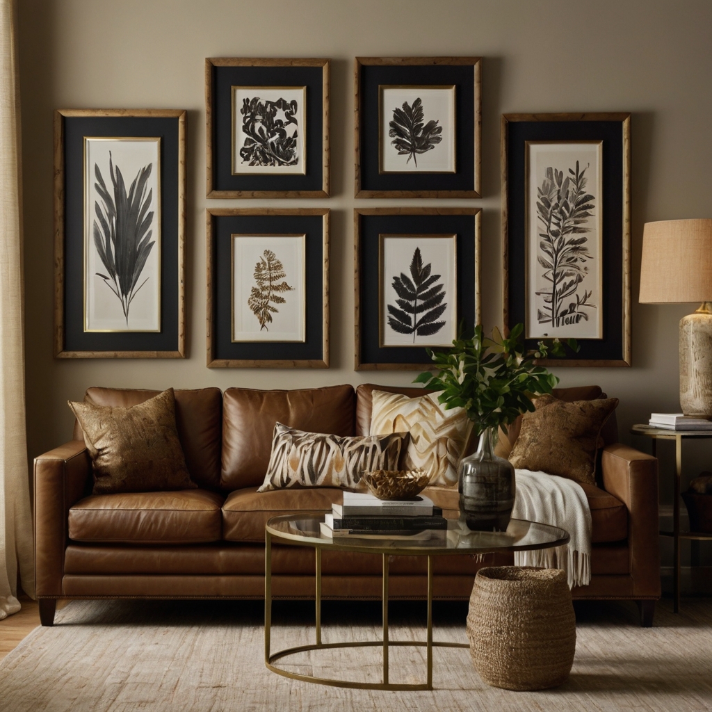 A curated gallery wall with black and gold frames hangs above a brown couch. Warm lighting enhances the visual harmony.