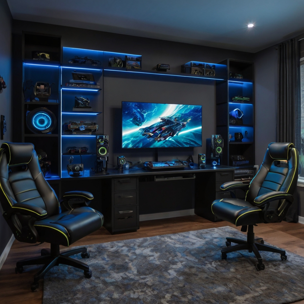 Create the ultimate gaming setup with LED lighting and an ergonomic desk. Organize gear efficiently for a sleek and immersive experience!