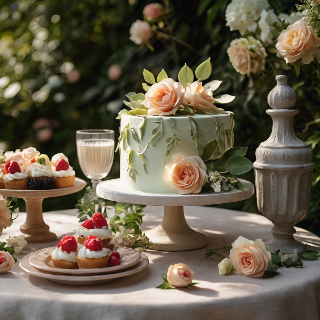 Nature-inspired cakes decorated with fondant leaves and sugared blooms. Soft sunlight highlights the floral designs, enhancing the garden theme.