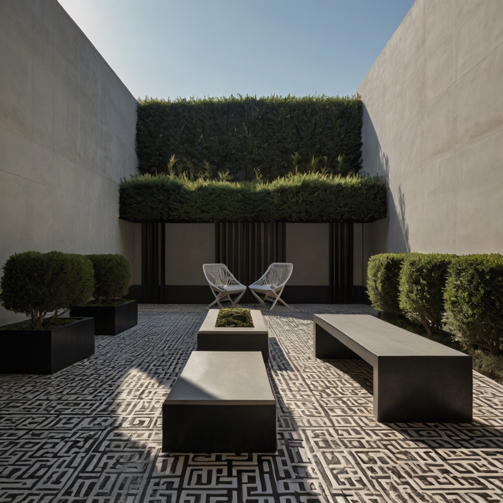 A symmetrical courtyard with structured geometric patterns, clean lines, and sleek tiled floors. Minimalist seating enhances the modern aesthetic.