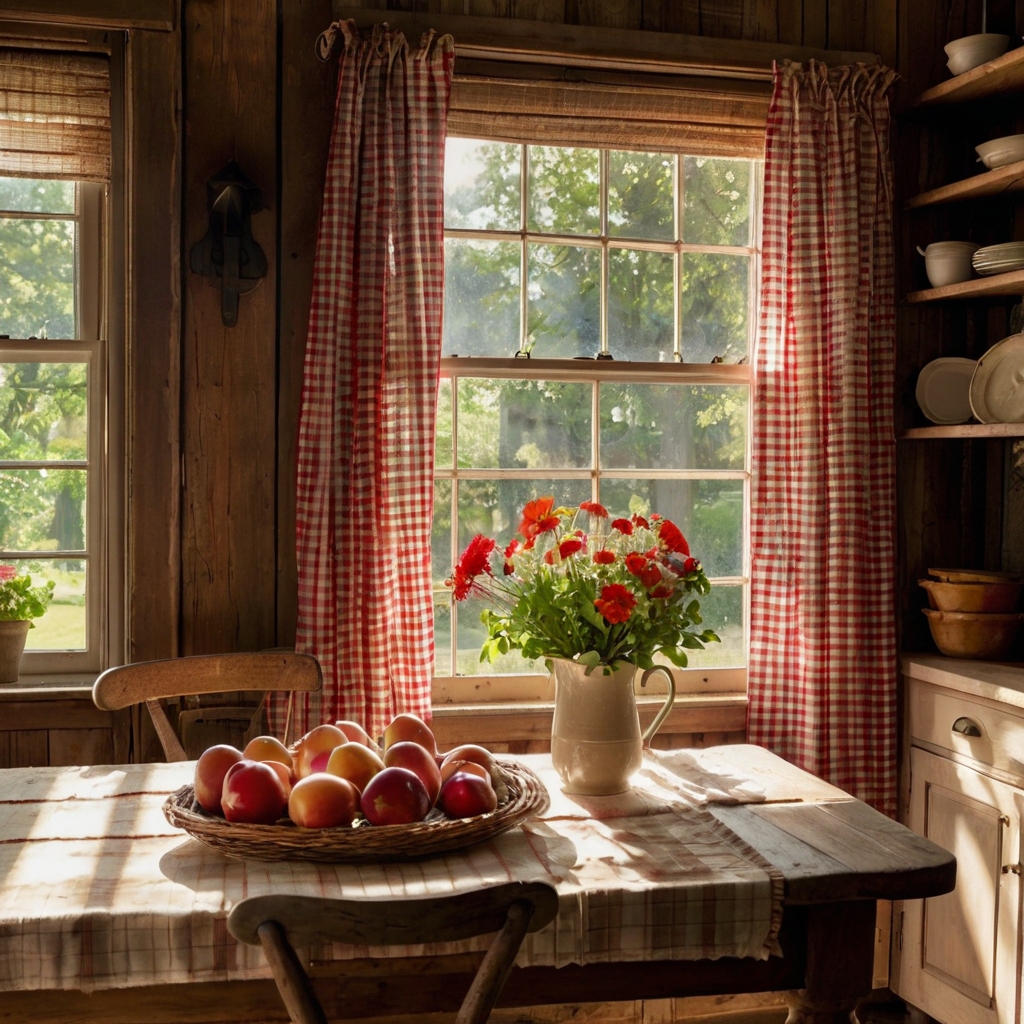 Red and white gingham check curtains, tied back with rustic rope, frame a cozy farmhouse kitchen window. Sunlight enhances their nostalgic country charm.