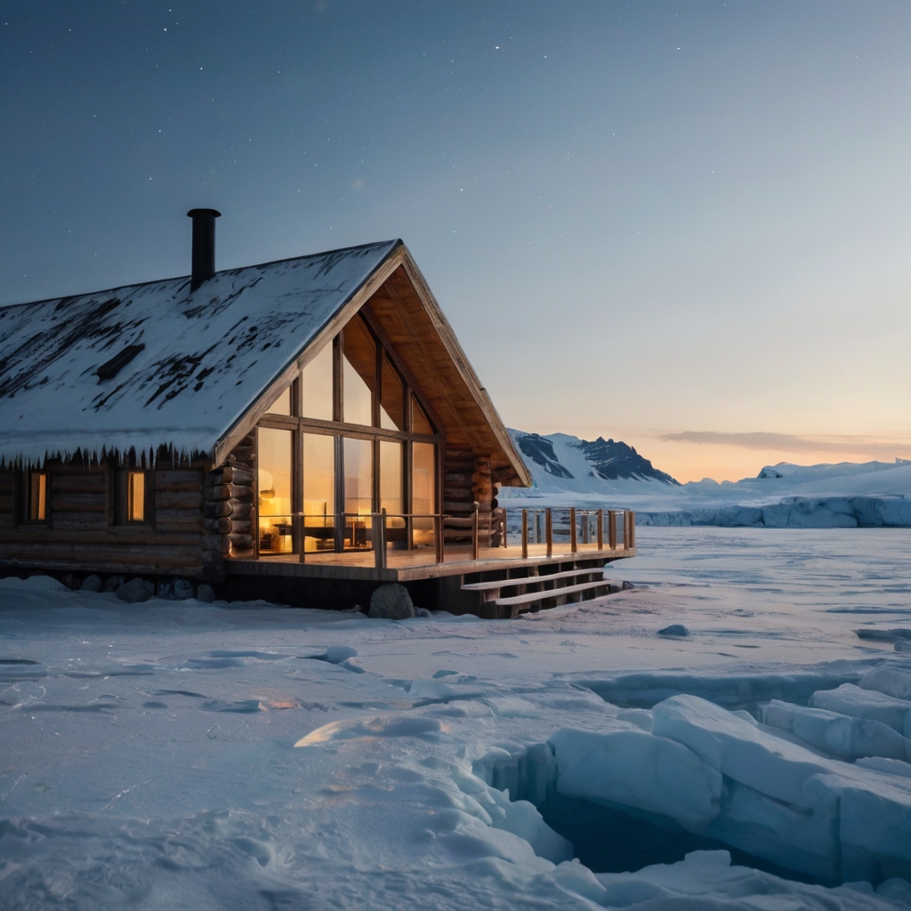 A cozy wooden lodge on the edge of a massive glacier, glowing warmly inside. The icy blue landscape sparkles under a starry sky.