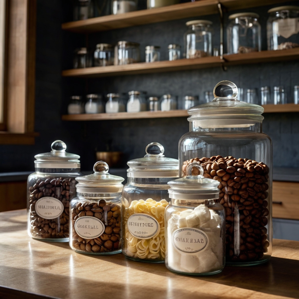 A well-organized kitchen with transparent canisters labeled for easy access. Soft lighting enhances the clean, structured aesthetic.