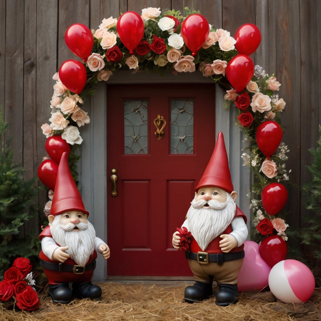 Adorable Valentine's gnomes in fluffy beards and heart-themed outfits hold glowing balloons, with warm candlelight casting a cozy glow.
