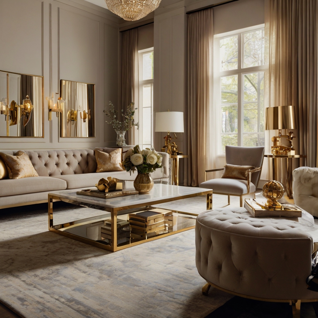 Elegant gold and brass details enrich a modern living space. Metallic-framed mirrors and sculptural decor reflect warm, ambient light.