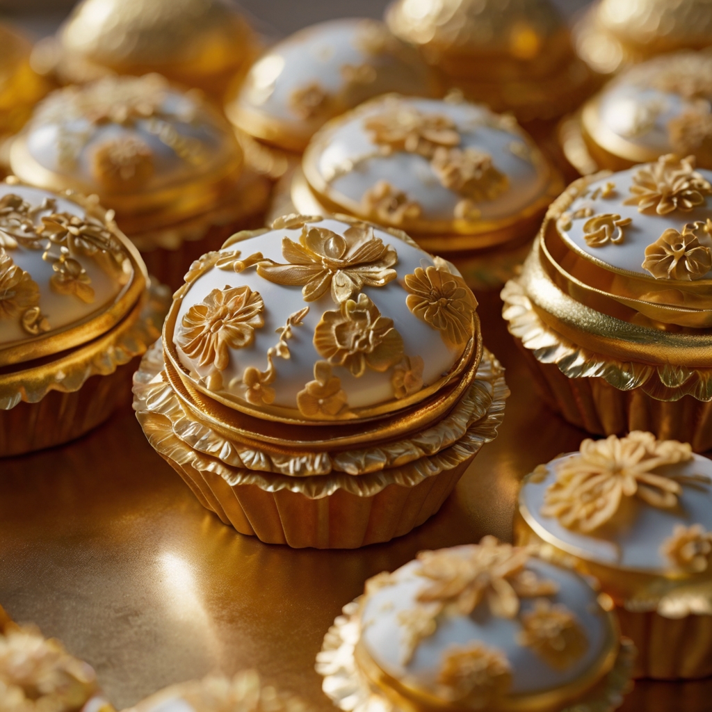 Floral confections with edible gold accents shimmer under warm lighting. A luxurious dessert display with delicate floral details.