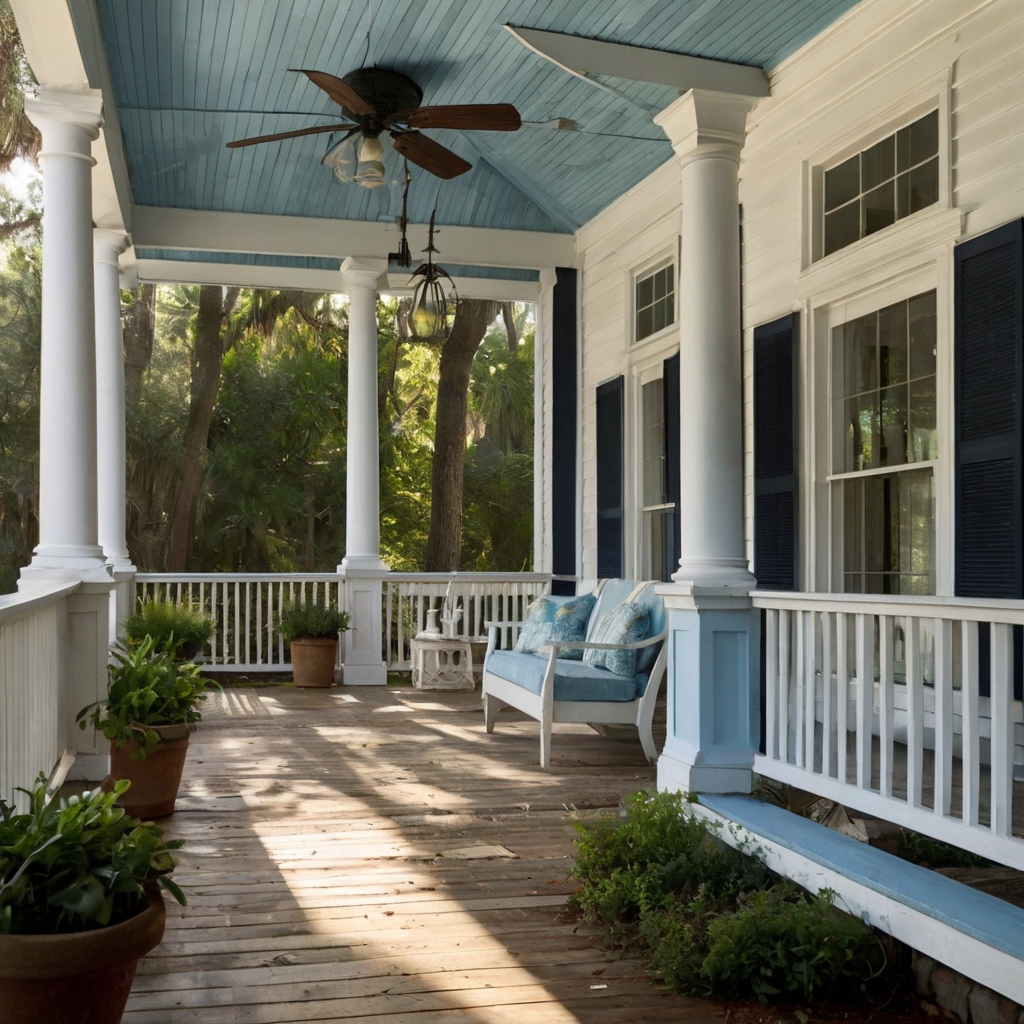 A classic Southern porch with a haint blue ceiling, a wooden swing, and flowing curtains. Sunlight filters through, casting a soft glow over the serene outdoor space.