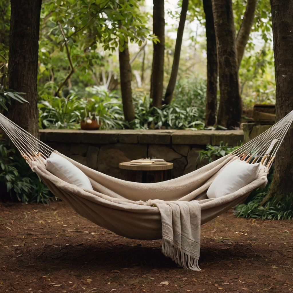 A peaceful hammock courtyard surrounded by swaying trees and blooming flowers. Soft sunlight filters through for a dreamy escape.