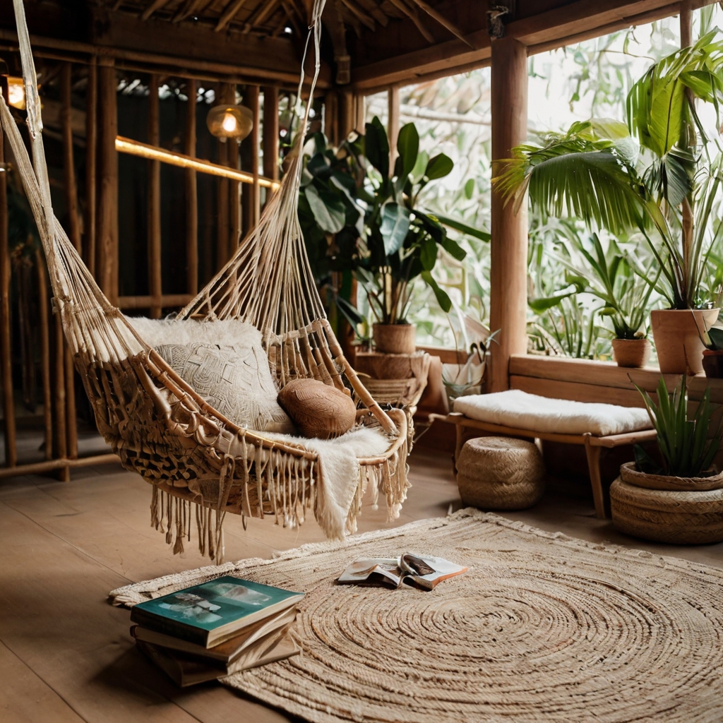 Swing into relaxation with cozy hammocks, rattan furniture, and boho-inspired natural textures.