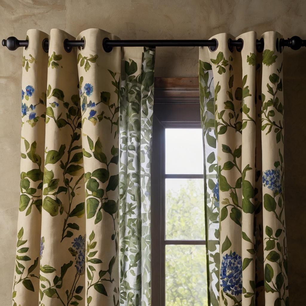 Hand-painted floral curtain panels frame a sunlit window, showcasing delicate vine and countryside motifs. Their artistic charm personalizes any French country space.